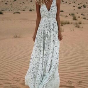 606-Summer V-neck maxi sundress holiday beach dot bohemian dress
